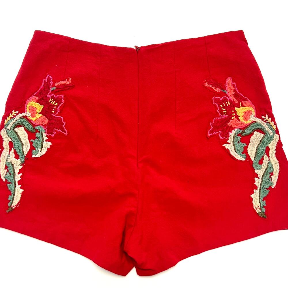 Women's Red Pinup Rockabilly Shorts flat front high rise 50s inspired embridered